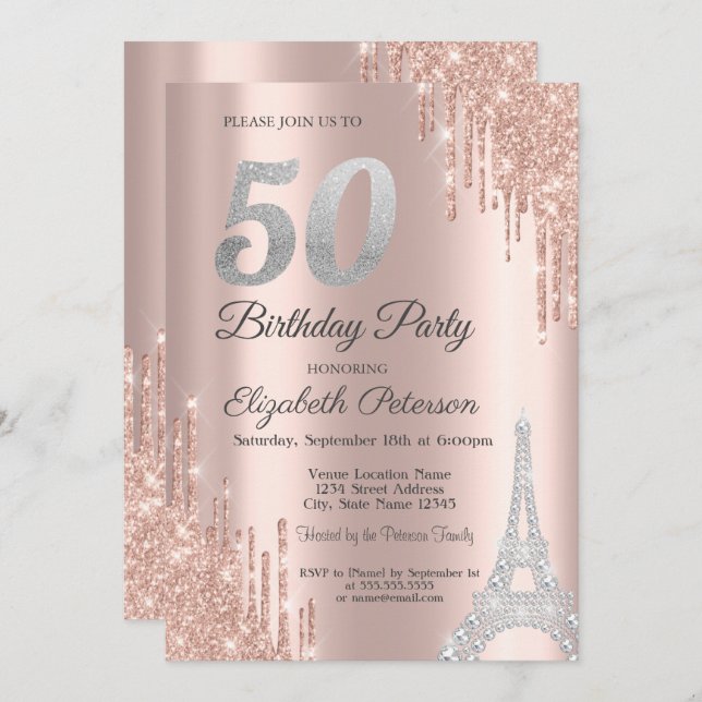 Invitación Perforaciones purpurinas, Diamantes Torre Eiffel 5 (Anverso / Reverso)