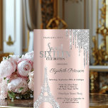 Invitación Perforaciones purpurinas, Diamantes Torre Eiffel D<br><div class="desc">Moderno,  moda y glamuroso Sweet 16 con goteo purpurina,  y Torre Eiffel sobre un fondo dorado rosa.</div>