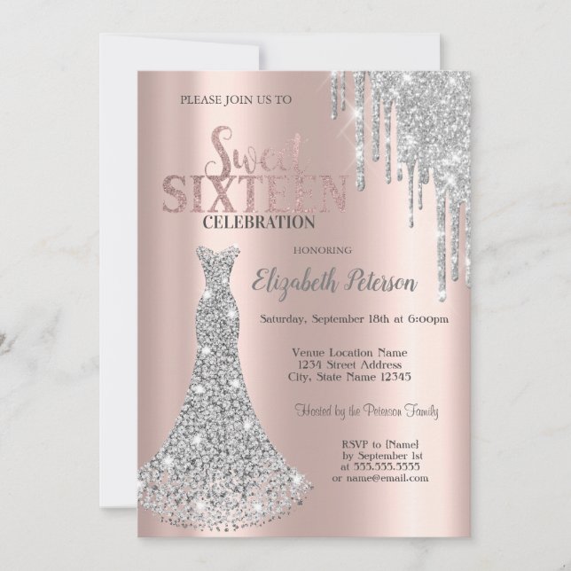 Invitación Perforaciones purpurinas, Diamantes Vestidos Rosas (Anverso)
