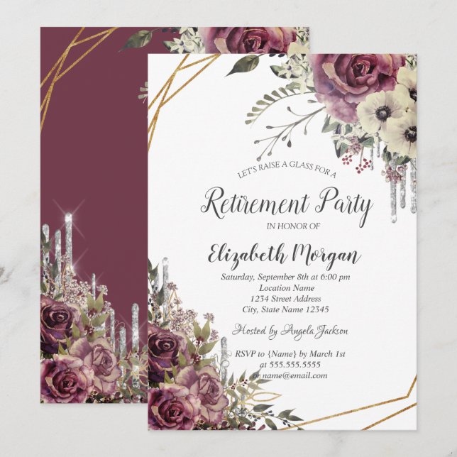 Invitación Perforaciones Purpurinas elegantes,Jubilación flor (Anverso / Reverso)