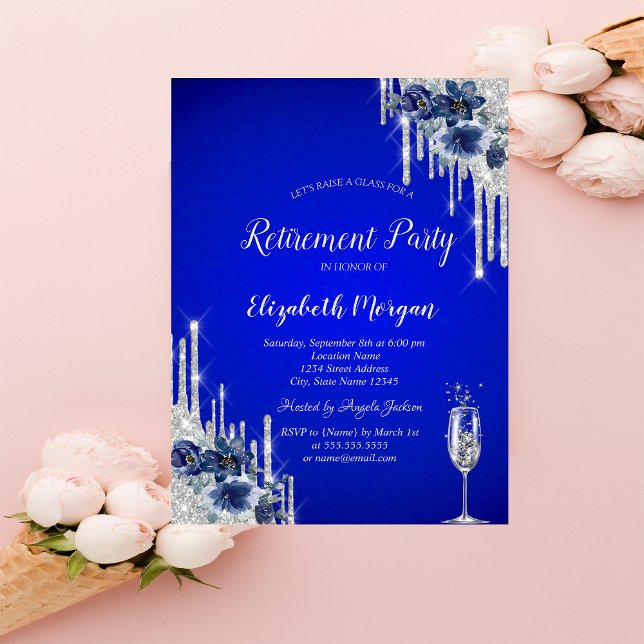 Invitación Perforaciones purpurinas, Flores azules Jubilación (Subido por el creador)