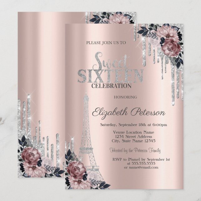 Invitación Perforaciones purpurinas, Flores de la Torre Eiffe (Anverso / Reverso)