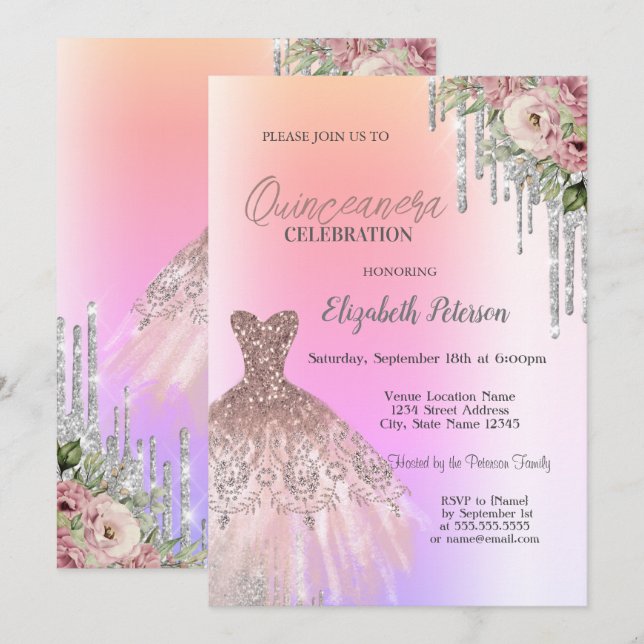 Invitación Perforaciones purpurinas, Flores de vestir Ombre Q (Anverso / Reverso)