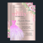 Invitación Perforaciones purpurinas, Flores de vestir Rosa Du<br><div class="desc">Elegante vestido,  flores y goteo purpurina sobre un rosa dorado.</div>