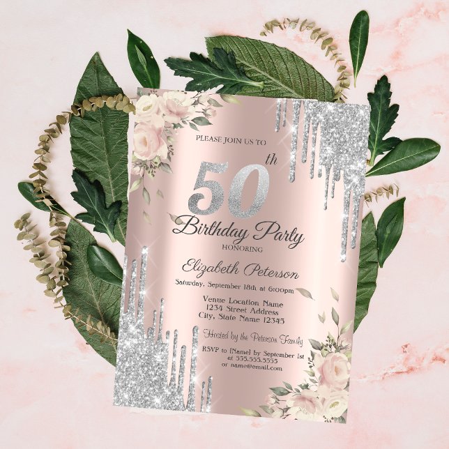 Invitación Perforaciones purpurinas, Flores Rosa Oro 50 cumpl (Subido por el creador)
