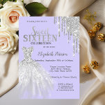 Invitación Perforaciones Purpurinas plateadas,Dulce morado de<br><div class="desc">Elegante vestido de plata y purpurina plateado gotea sobre un fondo morado claro.</div>