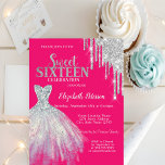 Invitación Perforaciones Purpurinas plateadas,Dulce Neon rosa<br><div class="desc">Elegante vestido y purpurina plateado gotea sobre un fondo neón rosado.</div>