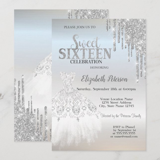 Invitación Perforaciones Purpurinas plateadas,Dulce plateado  (Anverso / Reverso)