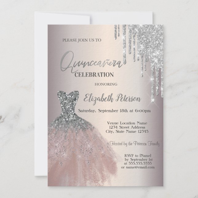 Invitación Perforaciones Purpurinas plateadas, vestido de Mod (Anverso)