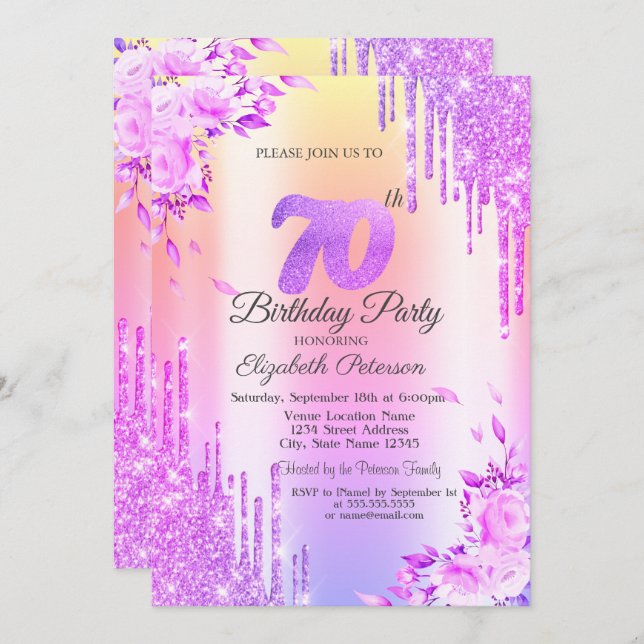 Invitación Perforaciones purpurinas, Rosas, cumpleaños 70 de  (Anverso / Reverso)