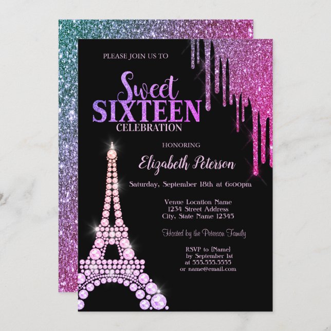 Invitación Perforaciones purpurinas, Torre Eiffel Dulce Negro (Anverso / Reverso)