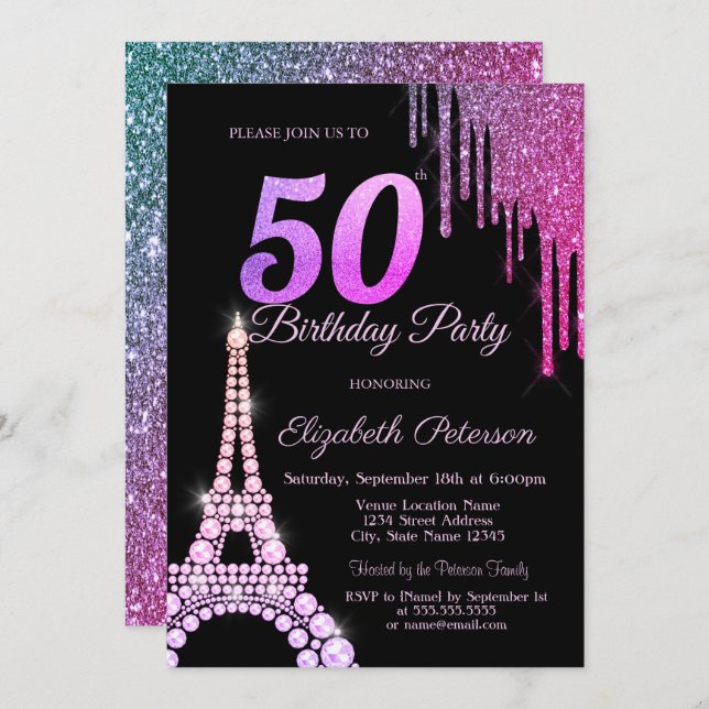 Invitación Perforaciones purpurinas, Torre Eiffel Negro 50 cu (Anverso / Reverso)