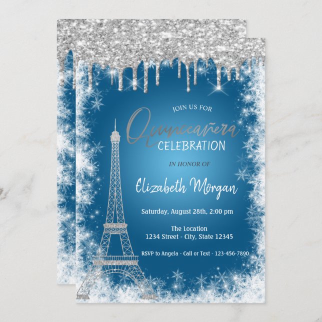 Invitación Perforaciones purpurinas, Torre Eiffel, Quinceañer (Anverso / Reverso)