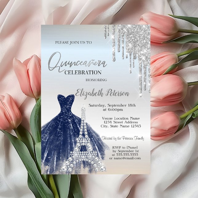 Invitación Perforaciones purpurinas, Vestido Azul Navy, Quinc (Subido por el creador)