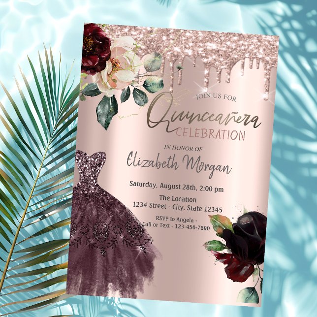 Invitación Perforaciones purpurinas, Vestido de Borgoña, Rosa (Subido por el creador)