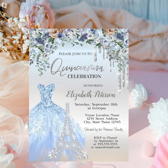 Invitación Perforaciones purpurinas, Vestido,Flores azules de (Subido por el creador)
