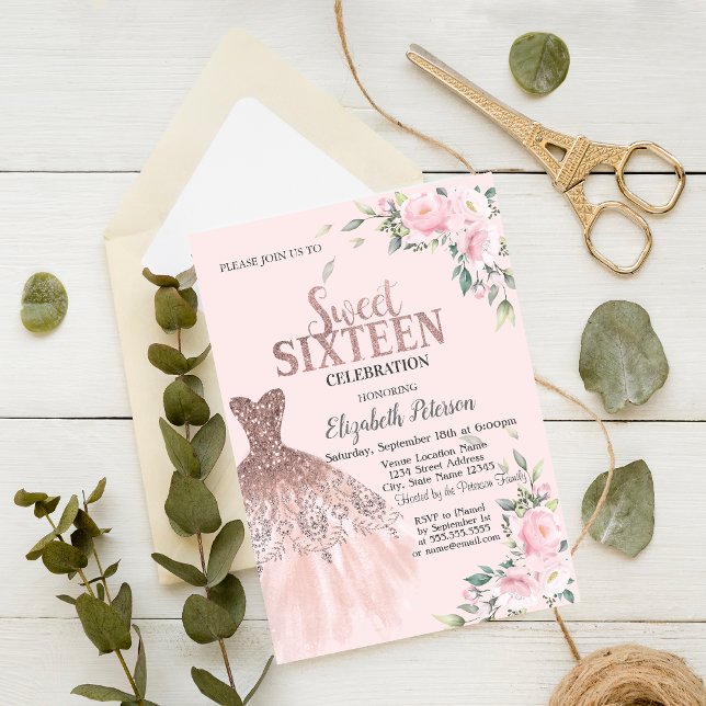 Invitación Perforaciones purpurinas, Vestido, Flores Dulce Ro (Subido por el creador)