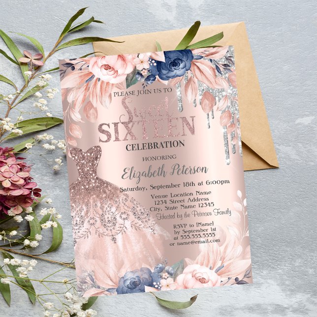 Invitación Perforaciones purpurinas, Vestido, Flores Rosa Oro (Subido por el creador)