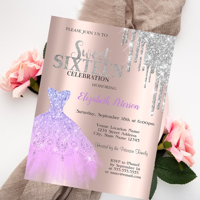 Invitación Perforaciones purpurinas, Vestido Lavander Rosa Du (Subido por el creador)
