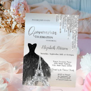Invitación Perforaciones purpurinas, Vestido negro, Quinceañe