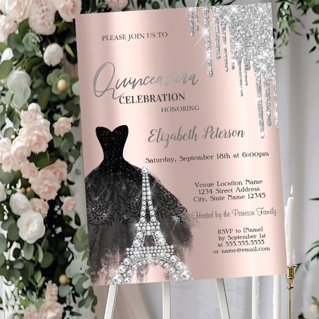 Invitación Perforaciones purpurinas, Vestido Negro, Torre Eif (Subido por el creador)