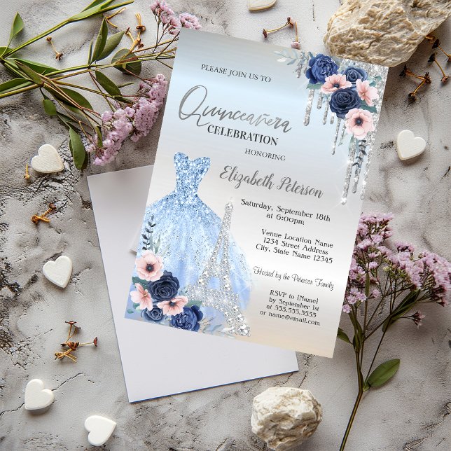 Invitación Perforaciones purpurinas, Vestido, Rosas azules Qu (Subido por el creador)