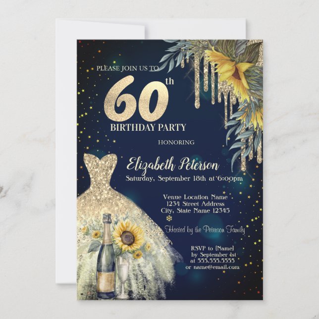 Invitación Perforaciones purpurinas, Vestido, Sunflowers Blue (Anverso)