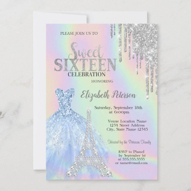Invitación Perforaciones purpurinas, Vestido, Torre Eiffel Du (Anverso)