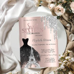 Invitación Perforaciones purpurinas, Vestido, Torre Eiffel Du<br><div class="desc">Elegante vestido negro,  diamantes de la torre Eiffel,  y purpurina plateado gotea sobre un rosa de fondo dorado.</div>