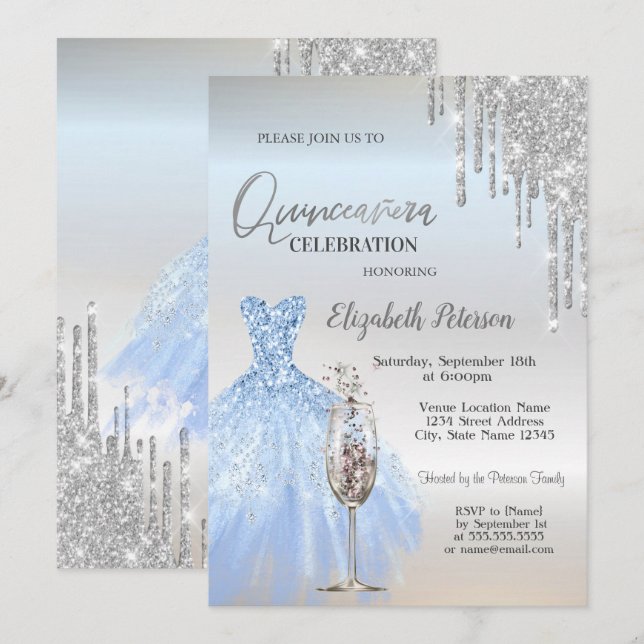 Invitación Perforaciones purpurinas, Vestido, Vidrio Champagn (Anverso / Reverso)