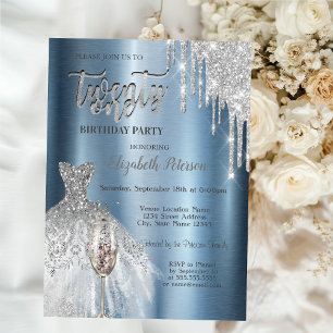 Invitación Perforaciones purpurinas, Vestido Vino Vidrio Azul