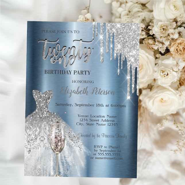 Invitación Perforaciones purpurinas, Vestido Vino Vidrio Azul (Subido por el creador)