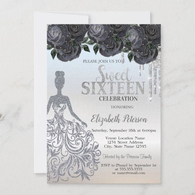 Invitación Perforaciones purpurinas, vestidos con Rosas negro (Anverso)