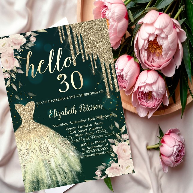 Invitación Perforaciones purpurinas, vestimenta, verde floral (Subido por el creador)