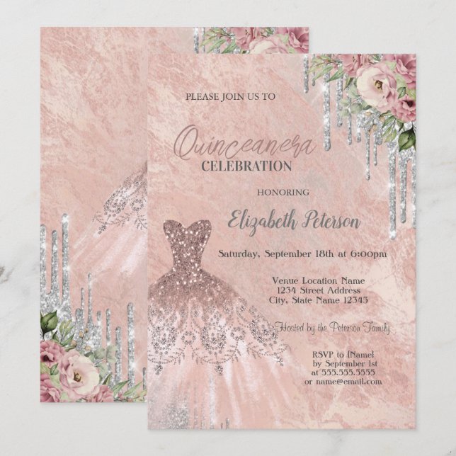 Invitación Perforaciones purpurinas, Vestir Moda Floral Quinc (Anverso / Reverso)