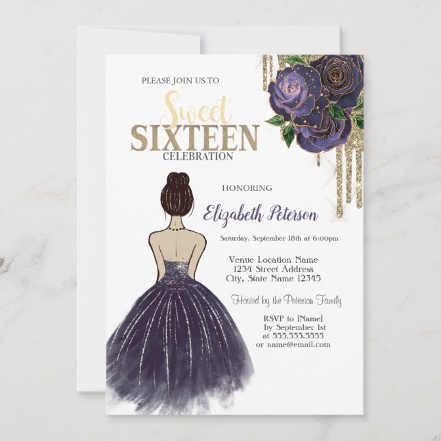 Invitación Perforaciones, Vestido morado, Rosas dulces 16 (Anverso)