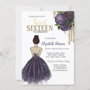 Invitación Perforaciones, Vestido morado, Rosas dulces 16