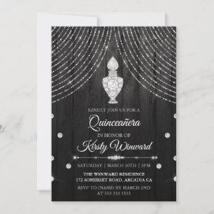 Invitación Perfume Botella de Diamante Negro de Plata Quincea