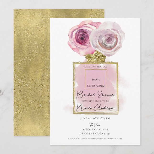 Invitación Perfume de moda floral Rosas rosadas Despedida de  (Anverso / Reverso)
