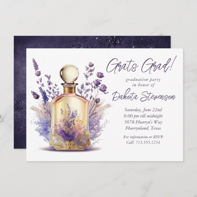 Invitación Perfume y lavanda | Graduación Floral Boho (Anverso / Reverso)
