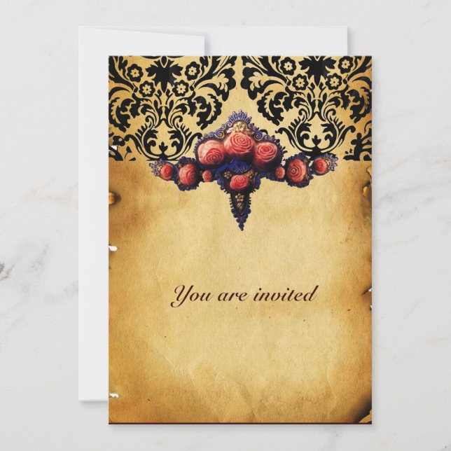 INVITACIÓN PERGAMINO DAMASCO Y ROSAS DE CORAL ROSADO (Anverso)