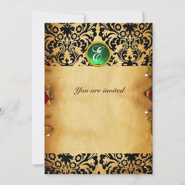 Invitación pergamino DAMASK GEM STONE MONOGRAM verde (Anverso)
