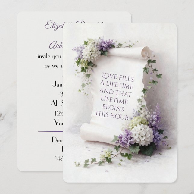 Invitación Pergamino de Boda Blanco con Lilas e Hydrangeas (Anverso / Reverso)