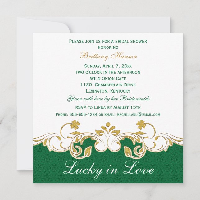Invitación Pergaminos blancos de oro, Shamrock Bridal Shower (Anverso)