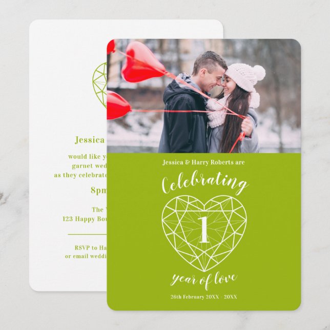 Invitación Peridot heart 1º aniversario 1 año de la foto invi (Anverso / Reverso)