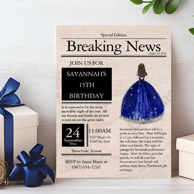 Invitación Periódico Antiguo Quinceañera Azul Marino (Subido por el creador)