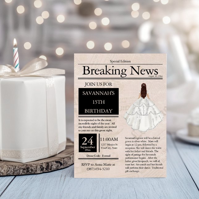 Invitación Periódico Antiguo Quinceañera Blanco Plateado (Subido por el creador)