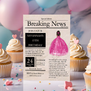 Invitación Periódico Antiguo Quinceañera Rosa Fucsia