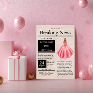 Invitación Periódico Antiguo Quinceañera Rosa Salmón