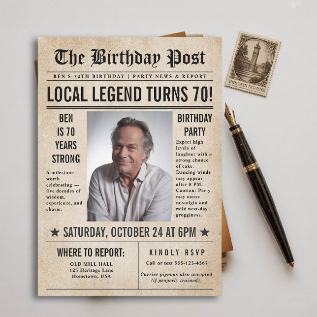 Invitación Periódico Birthday News Funny Hombres Humorísticos (70th birthday party for men invitation card photo template vintage newspaper news funny humorous)